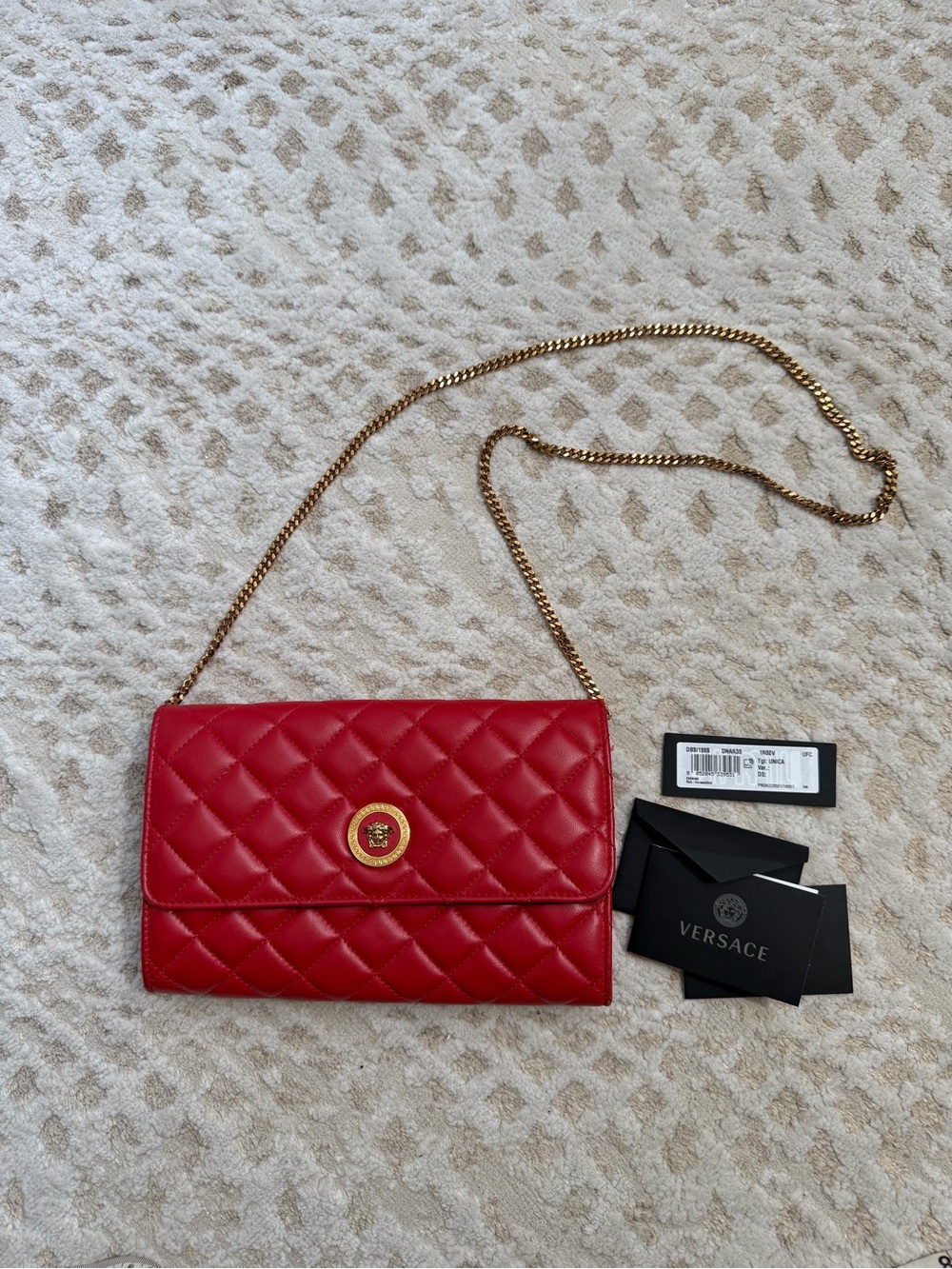 Versace Red Quilted Leather Crossbody with Gold Chain and Medusa Button